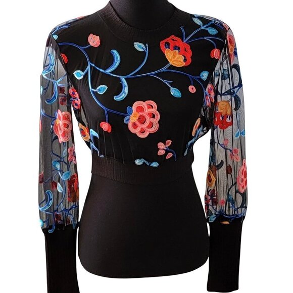 NEW COSMOPOLITAN x DRESS THE POPULATION MESH FLORAL BLACK LONG SLEEVE CROP TOP - Picture 6 of 15